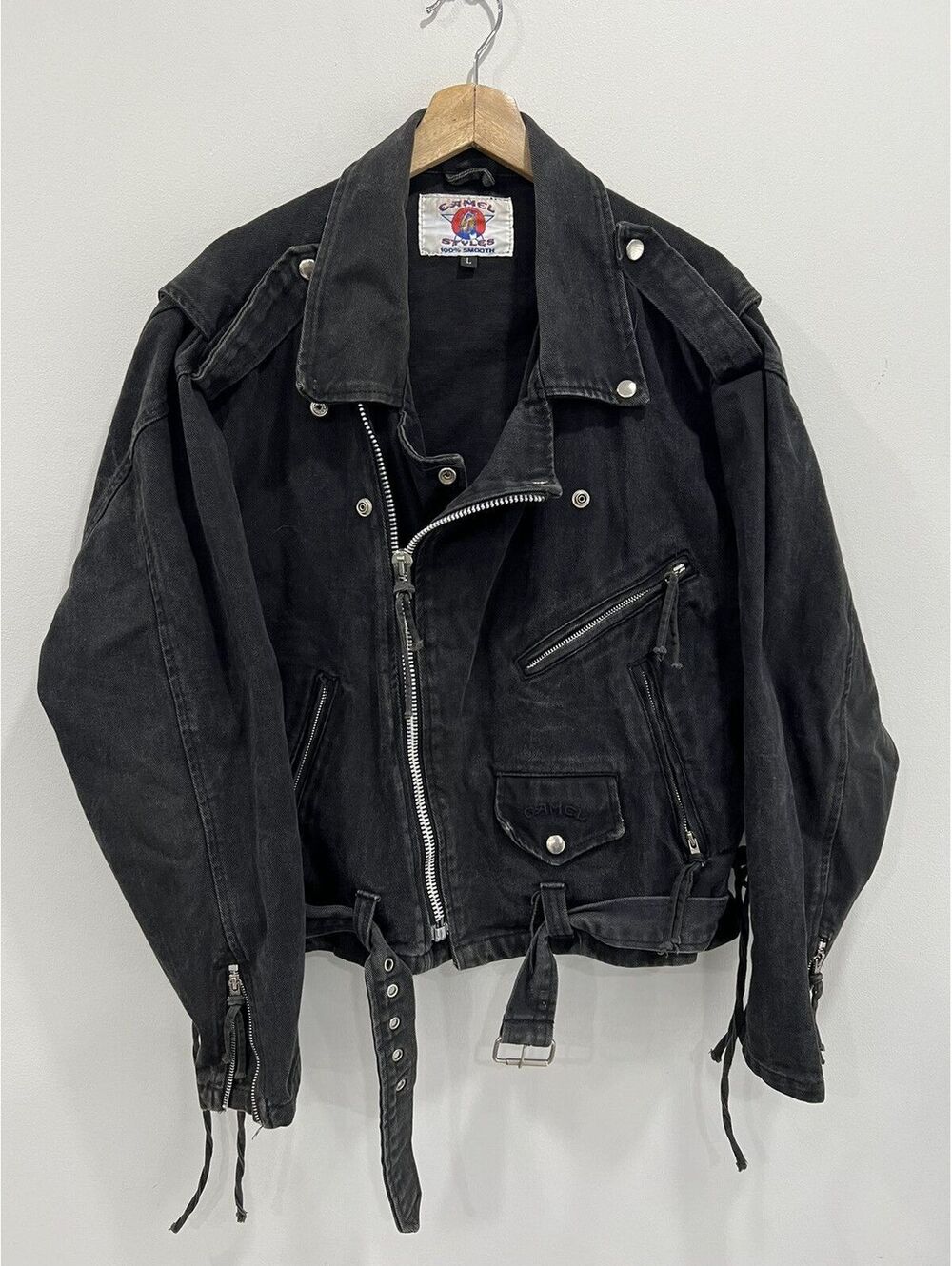 Vtg Camel Styles Biker Denim Jean Jacket tee shirt sweater
